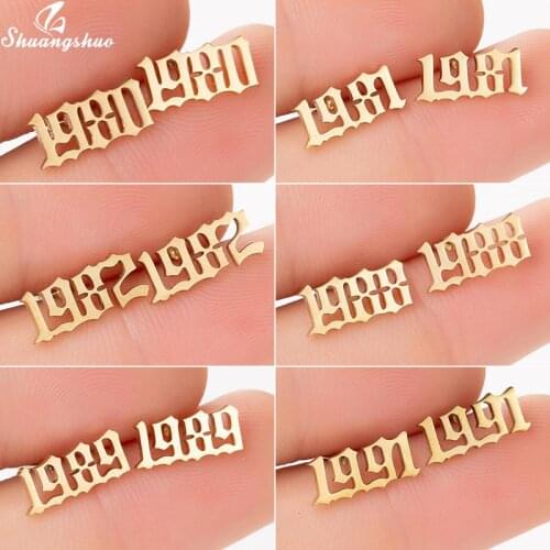 Shuangshuo Gold Stainless Steel Number Stud Earrings Women Birthday Gift Custom Jewelry 1980-2010 Year pendientes