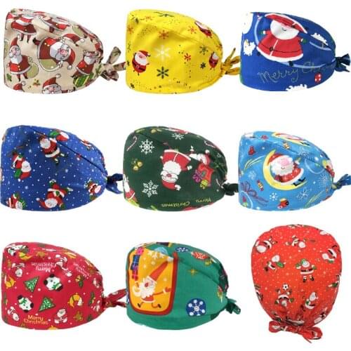 Women Christmas Santa Scrub Caps Printed Cotton Adjustable Bandage Cap Washable Men Working Cap Gorros Nursing Hats Workwear