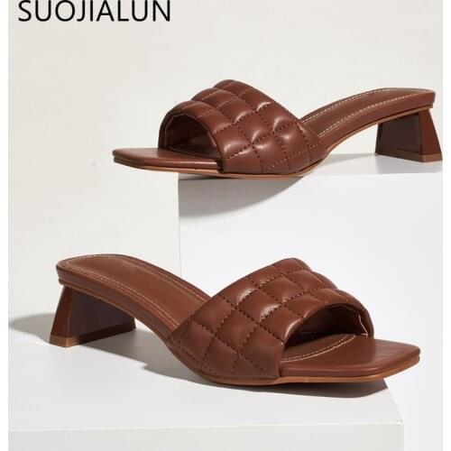 SUOJIALUN Fashion Low Heels Slippers Women Elegant Embroidery Slides 2020 Summer Outdoor Sandals Open Toe Slip On Slipper Shoes