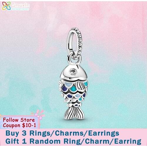 Smuxin 925 Sterling Silver Bead Blue Scaled Fish Dangle Charm fit Original Pandora Bracelets Women Jewelry Making Bracelet Charm