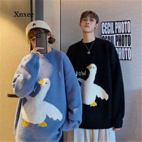 Sweet Cartoon Goose Plus Size Couple Sweater Intarsia Loose Knitted Man Women Fashion Casual O-Neck Oversize Unisex Pullover