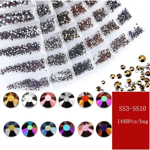 Swarovsky 12 Colors SS3-SS10 1440Pcs Flatback Charm Glass Gems Diamonds Nail Crystals Nail Art Decoration
