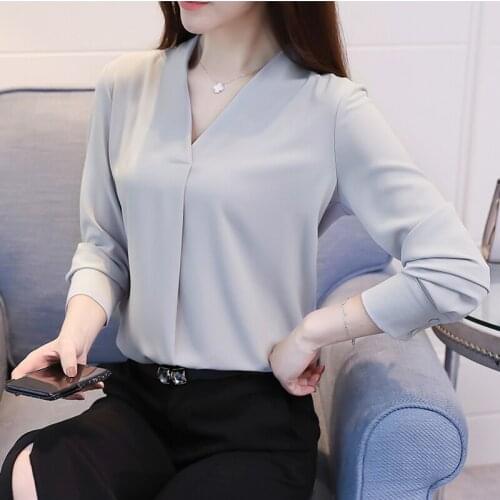 2020 spring womens new white shirt female Korean version V-nec shirt loose thin chiffon shirt long-sleeved versatile shirt l81