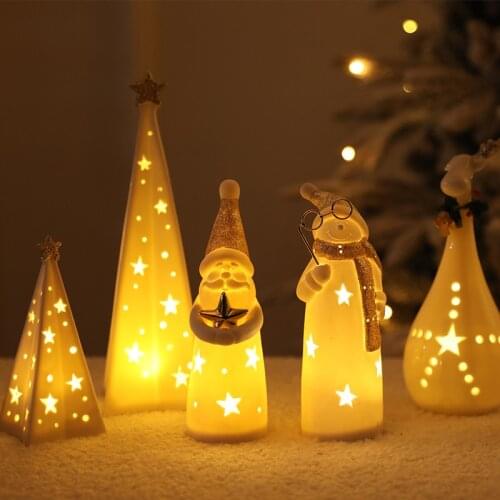 [VIP] Modern Ceramic Crafts Glowing Lights Christmas Gifts Decoration Home Desktop Ornaments Children Santa Claus Elk Pyramid