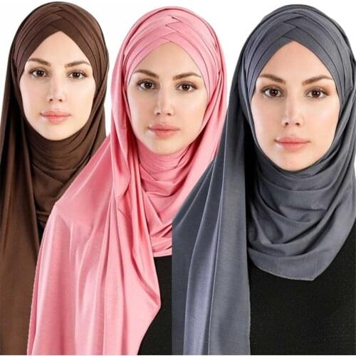 Women plain bubble cotton cross scarf Head hijab wrap solid instant shawls foulard femme muslim hijabs store ready to wear