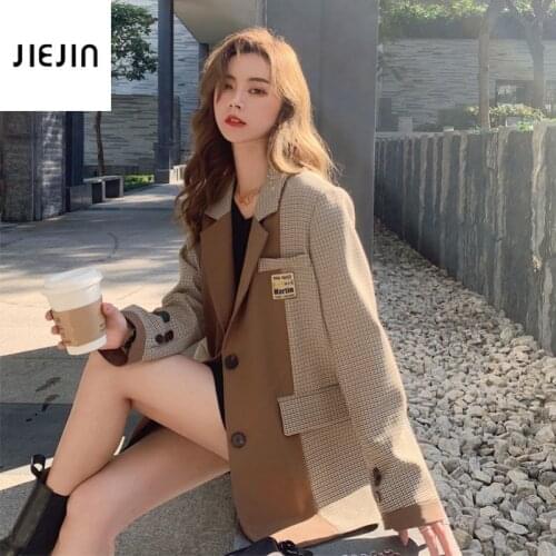 Vintage Houndstooth Women Blazer Autumn Korean Patchwork Suit Coat Office Lady Suit Jacket OL Lapel Coat Cardigan Formal Blazers