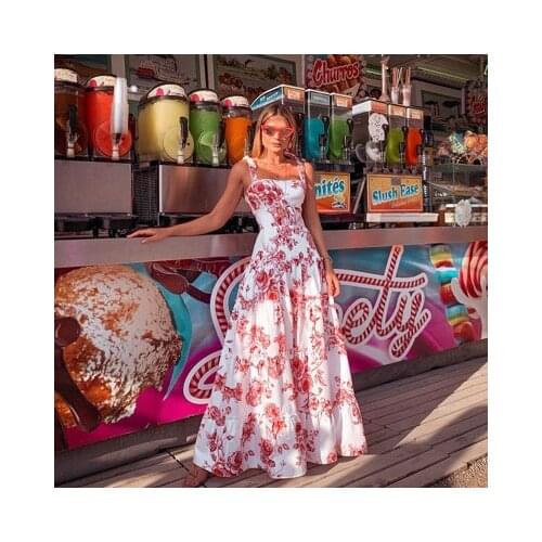 VAZN 2021 New Plus Size Spaghetti Strap Long Print Dress Sweet Joker Sexy Young Holiday High Waist Women Ball Gown Maxi Dress