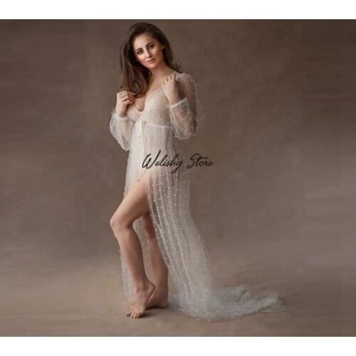 Pretty Sheer See Thru Beads Beige Illusion Tulle Dress Women Sexy Deep V-Neck Floor Length Long Sleeves Dress Robe