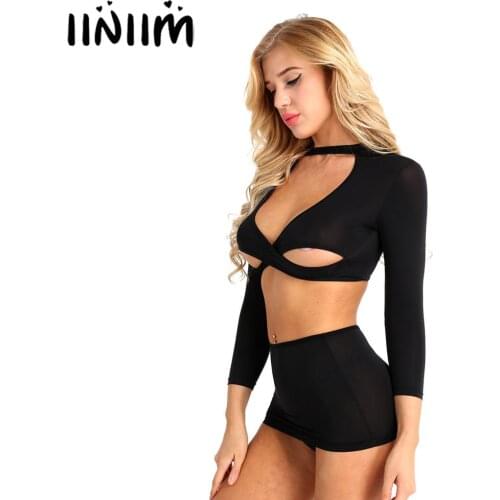 3Pcs Women Ladies Secretary Uniform Cosplay Costumes Maid Sexy Clubwear Open Nipples Sheer Crop Top with Mini Skirt and G-string