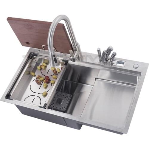 304 Stainless Steel Kitchen Sink With knife holder Vegetable Washing Basin Cutting Board Strainer Downpipe High and Low Sink