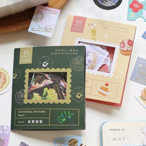 45pcs Kawaii Bronzing Stamp Style Stickers Scrapbooking Junk Journal Creative Diary DIY Stationary Decoration Material Sticker