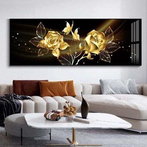 Black Golden Rose Flower Butterfly Abstract Wall Art Canvas Painting Posters and Prints Wall Picture for Living Bedroom Decor