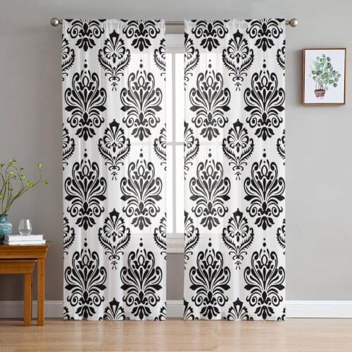 Black Jacquard Retro European White Sheer Curtains for Living Room Kitchen Tulle for Windows Voile Yarn Curtains for Bedroom