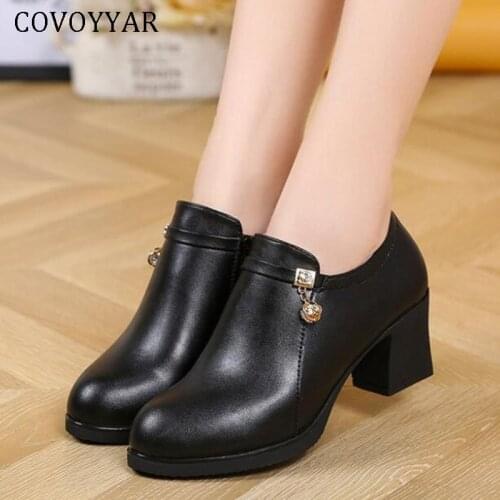 COVOYYAR 2019 Spring Women Ankle Boots Patent Leather Block High Heel Platform Woman Shoes Slip on Dress Lady Pumps WBS011