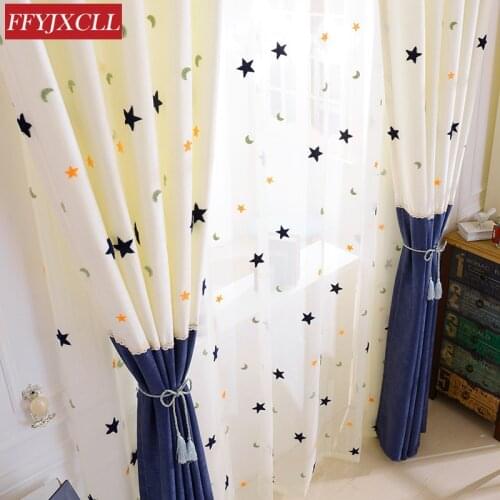 Kids Curtains Embroidery Star Moon Contracted Contemporary Stitching Window Curtains for Children Bedroom Screening Baby Room