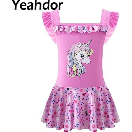 Kids Girls One-piece Swimwear Beachwear Ruffle Trim Cartoon Print Dress Bodysuit with Hat Children Swimming Bathing Rashguard