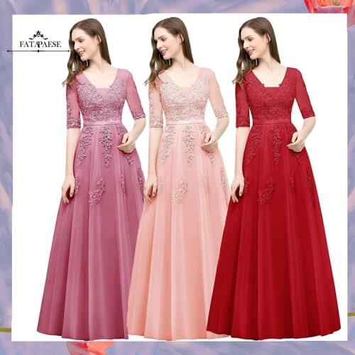 FATAPAESE A-line V-neck Half Sleeves Dust Pink Lace Evening Dresses Backless Applique Long Party Dresses vestido de festa