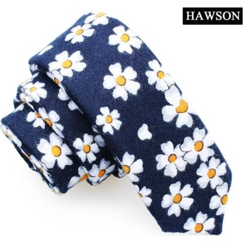 HAWSON White&Orange Floral Cotton Tie Fashion Blue 2 Inch Necktie Skinny Slim Ties for Grooms Wedding, Neckties for Men