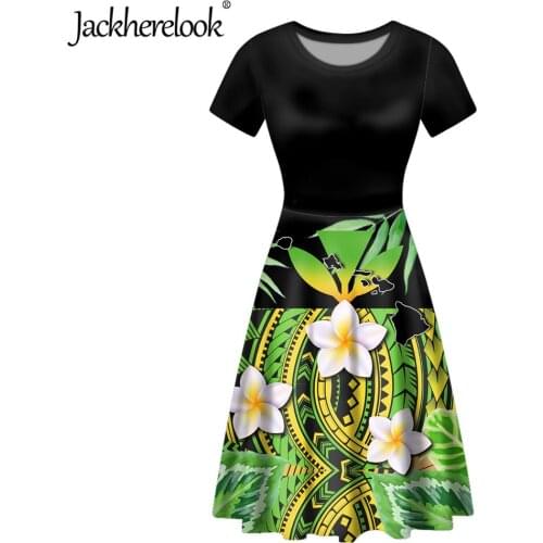 Jackherelook Hawaii Midi Party Dress for Womens Polynesain Tribal Plumeria Print Elegant Lady Short Sleeved Vestido de Mujer