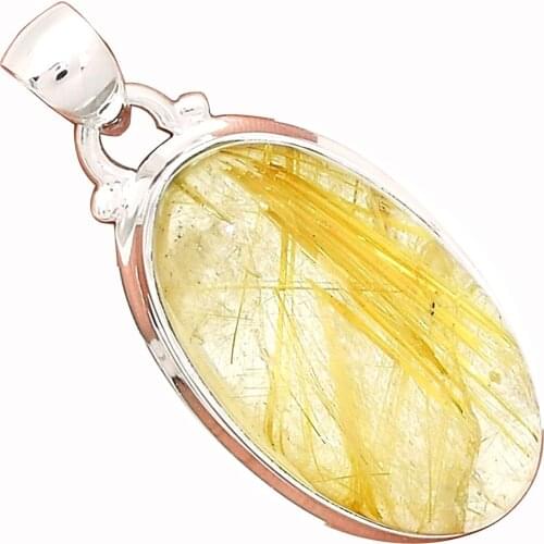 Lovegem Genuine Golden Rutile Pendant 925 Sterling Silver, 40 mm, AP3201