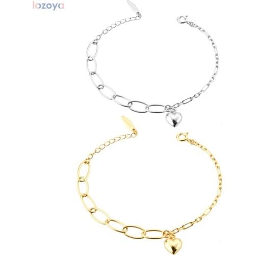 LOZOYA 2020 New 925 Sterling Silver Gold Gift Rock Punk Heart Jewelry Luxury Round Chain Square Bangle Bracelet Women Wedding