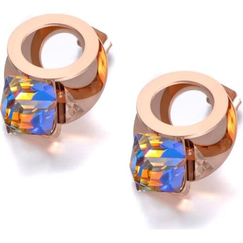 Fashion Titanium Stainless Steel Colorful CZ Crystal Earrings Rose Gold Office Stud Earrings Jewelry For Women E19311