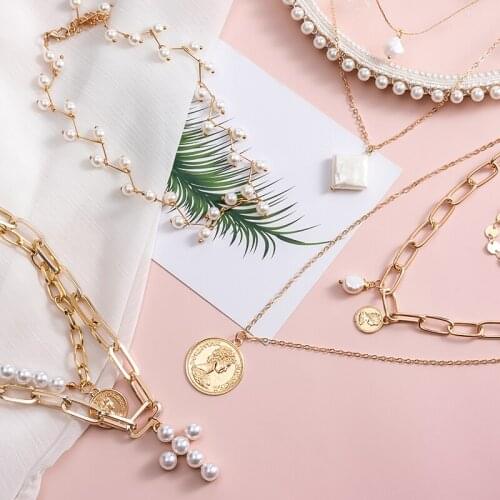 Fashion Bohemian Gold Long Chain Necklaces For Women Multilayer Pearl Pendants Necklace Portrait Chokers 2020 Trendy New Jewelry