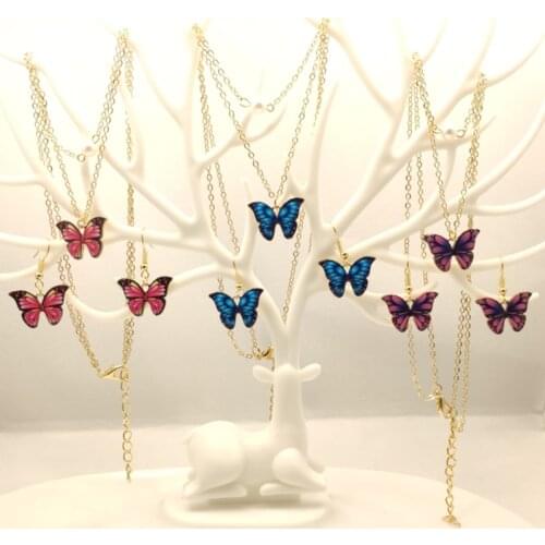 Fashion Cute Butterfly Pendant Necklace Earrings for Women Layered Gold Chain Imitation Pearl Statement Necklace Jewlery Sets