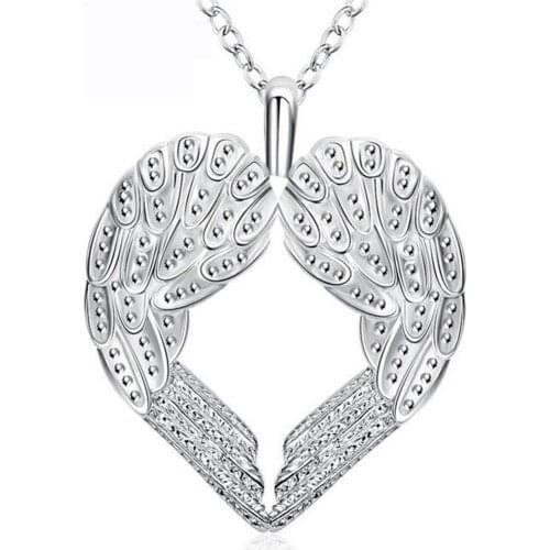 Fashion Vintage 925 Sliver Rhinestone Peach Heart Angel Wing Silver colorPlated Pendant Necklace Chain Jewelry