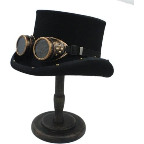 15CM 4 Size Wool Handmade Women Men Steampunk Top Hat Punk Glass Magic Props Fedoras Beave Magician Hat