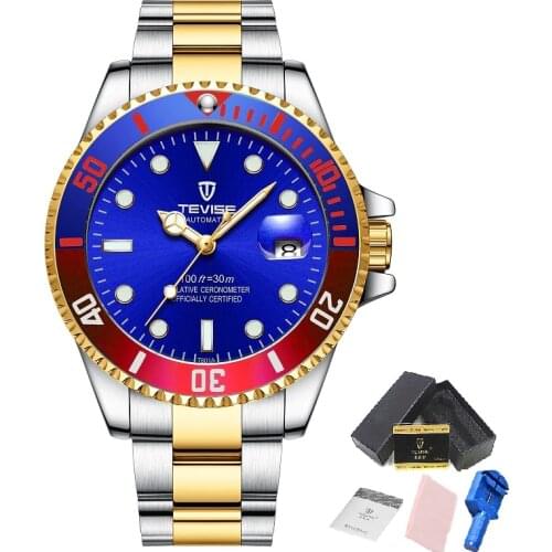 Top Brand Men Mechanical Watch TEVISE T801A Automatic Date Fashion Wristwatches Rotable Outer Case Green Male Clock Fixing Tool