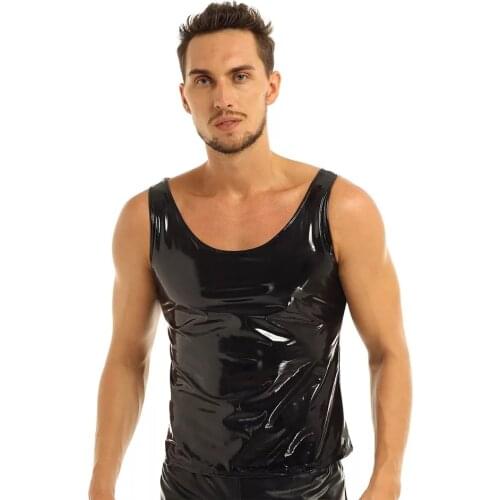 Mens Sexy Glossy Metallic Leather Vest Erotic Casual Tank Tops Sleeveless Male Shiny Wetlook Latex PVC Leather T-shirts Sexi