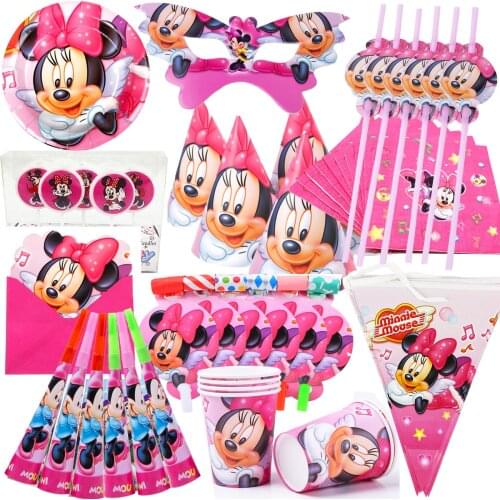 Disney Minnie Mickey Mouse Wrapper Topper Disposable Tableware Set Cup Plate Straws Birthday Party Cake Decorations Supplies