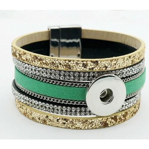 New SE0138 Fashion Golden Sequins Leather multi layer snap bracelet Magnetic buckle fit 18MM snap button snap jewelry wholesale