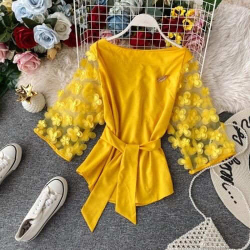 Summer new flowers strapless chiffon crop tops One word collar temperament commuting to reduce age tops women 2021