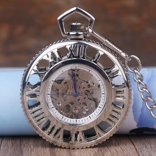 5pcs New Design Hand Winding Mechanical Pocket Watch Chain Fashion Silver Skeleton Carving Men Watches Christmas Gift