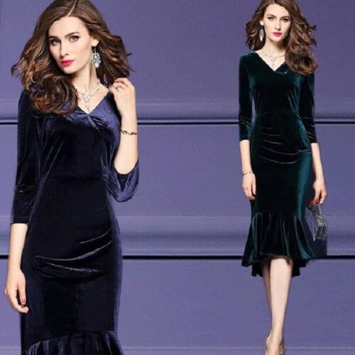 Autumn Women Dresses velvet V-neck Long Dresses Long Sleeve Winter Party Female Dresses Mermaid European Style Elegant Clothing