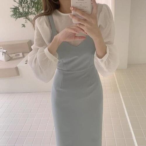 Autumn Temperament OL Slim Thin O Neck Puff Sleeve Blouse Tops Transparent Bodycon V Neck Tank Dress Split Strap 2 Piece Set