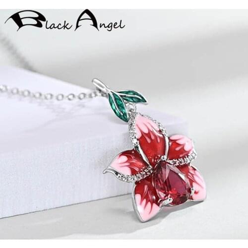 BLACK ANGEL Red Enamel Rose Flower Water Drop Shaped Ruby Pendant Necklace for Women 925 Silver Fashion Jewelry Christmas Gift