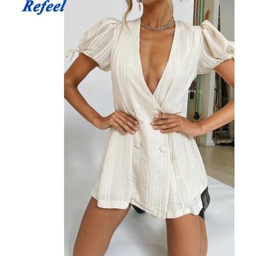 Women Sling Dresses Summer Lantern Sleeve Sexy V-neck Mini Dress Double Breasted Streetwear Loose Fashion Casual Femme Vestidos