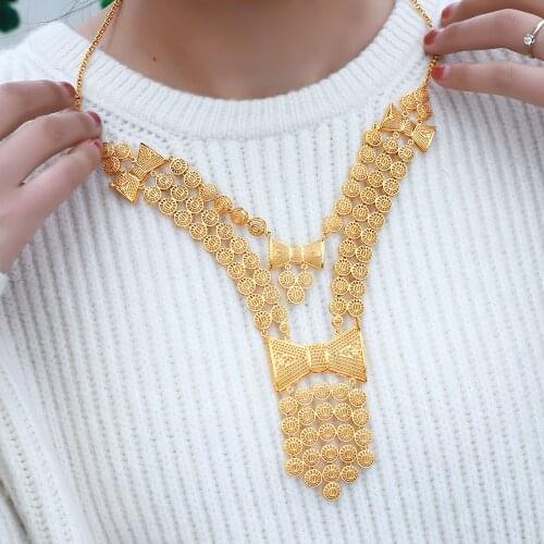 Hollow Link Chains Turkish Middle East Earring Bow-knot Jewelery Set Allah Muslim Arabic Islam Necklace Long Gold Color Jewelry