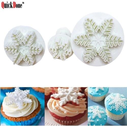 QuickDone 3Pcs/set Snow Shape Cake Mold Fondant Pastry Cutter Snowflake Chocolate Cookie Plunger Mould Cake DIY Tools AKC6301