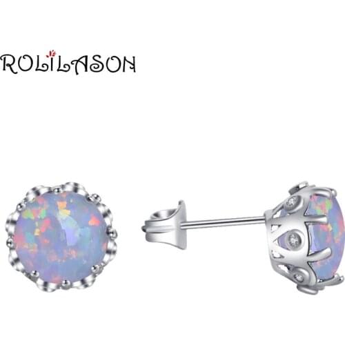 ROLILASON Engagement gift For women Round Stud Earring White Fire Opal Silver Stamped Fashion Jewelry OE734