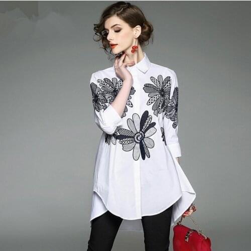 Stylish Women Shirts Long Sleeve Polo-Neck Europe Station Blouses Temperament Embroidery Tops Ropa De Mujer Blusas White MM0852