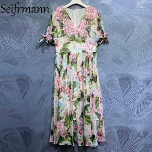 Seifrmann New 2021 Summer Women Fashion Designer Party Long Dress Sexy V-Neck Lantern Sleeve Gorgeous Appliques Printed Dresses