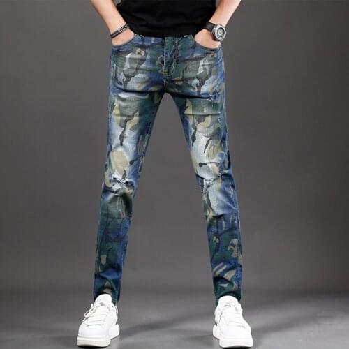 Summer Blue Camouflage Jeans Men Slim Fit Ripped Jean Pants Fashion Casual Lightweight Stretch Denim Trousers