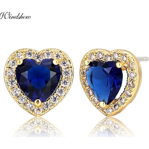 Yellow Gold Color Peach Heart Blue Paved CZ Stud Earrings for Women Luxury Jewelry Aros Oorbellen Orecchini