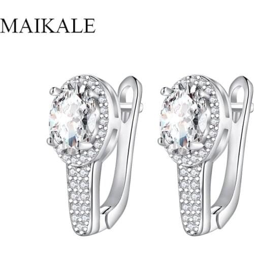 MAIKALE Classic Round Cubic Zirconia Earrings for Women Silver Color Plated Shiny Small Earrings New Fashion Jewelry Charm Gifts
