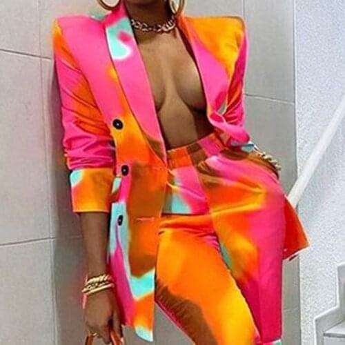 Two-Pieces Women Blazer Suit Sexy Tie Dye Jacket Woman Jacket and Trousers Set Female Blazer Chic Women Outfit Office Ladies