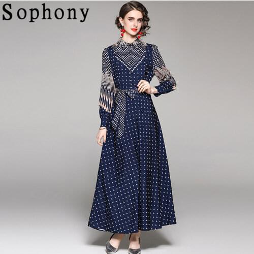 Merchall Runway Fashion Luxury Maxi Dress Female Shirt Collar Bow Sashes Latern Sleeve Long Dresses Woman Spring Clothing M68799